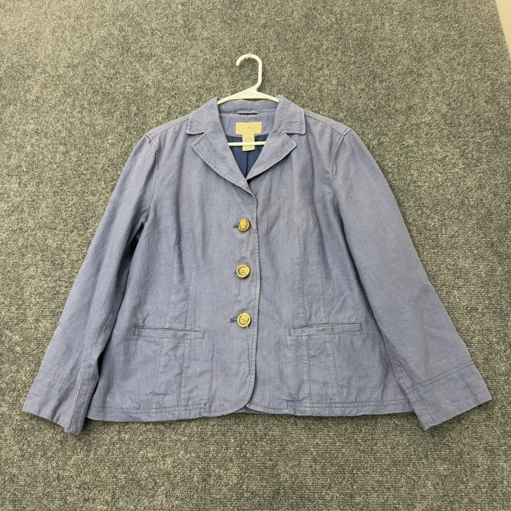 LL Bean Blazer Womens 16P Blue Linen Button Front Lightweight Coastal Classic